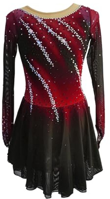 LIUHUO Robe de patinage artistique à manches longues pour fille faite à la main, Rouge, S