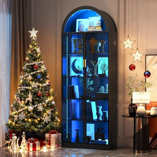 FREDEES Arch Display Cabinet with Doors and LED Lights, 195CM, Black