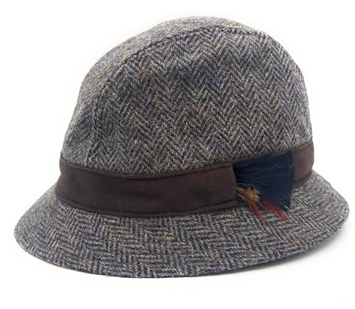 SCOTTISH ESSENCE Authentic Harris Tweed Brown Herringbone Trilby Hat with Moleskin Band, Made in UK (UK, Alpha, XXL)
