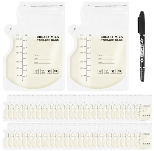 BORISCA 60 sacchetti per latte materno da 250 ml, sacchetti per latte materno con 1 pennarello nero, sacchetti per latte materno, sacchetti per latte materno, sacchetti per il congelamento, a prova di