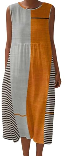 Mfhmom Robe Femme Été en Lin Mélangé Imprimé Fleurs sans Manches Robe Midi Ample Plissée avec Poches Casual Bohème Chic Robes de Plage Légère et Aérée