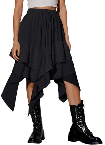 Jupe midi asymétrique à volants pour femme - Taille haute élastique - Plissée - Style gothique - Jupe festive - Jupe plissée - Avec poches - Taille haute - Jupe longue médiévale