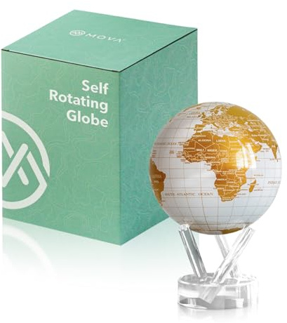 MOVA Globes Perla e Oro Classico (4,5) | Mappamondo Auto-Rotante a Energia Luminosa |Silenzioso, Senza Batterie né Fili |Decorazione da Scrivania o Idea Regalo Globo Spazio
