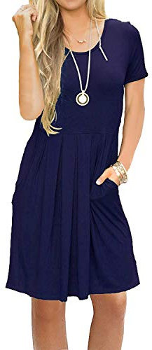 AUSELILY Women's Short Sleeve Pleated Loose Swing Casual Dress with Pockets Knee Length Navy Blue XL