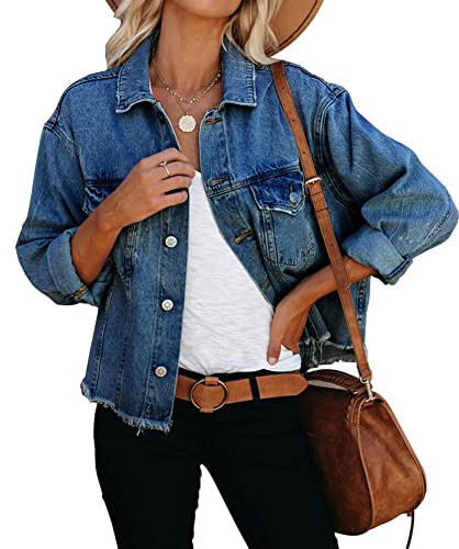 LAVIQK Women's Jean Denim Jacket Classic Trucker Shacket Button Up Frayed Cropped Loose Coats