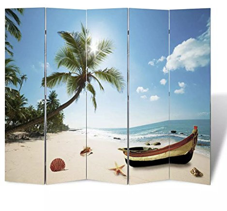 Susany Zusammenklappen Foto-Paravent Trennwand Raumteiler Wand Strand/Blumen doppelseitig Dekoration Mit Aufdruck bedruckt,Faltbar Sichtschutz Stellwand 200 x 170 cm (B x H),Massives Tannenholz