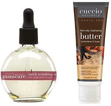 Cuccio Vanilla Bean & Sugar Hydration Essentials kit, 68ml Cuticle Oil, and 4oz Butter, for Nail Care, Nail Strengthening, Nail Repair, Nail Growth, with Jojoba Oil, Almond Oil, and Vitamin E