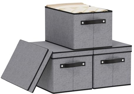 YheenLf 3 Stück Aufbewahrungsboxen, Faltbare Aufbewahrungsbox mit Deckel, Aufbewahrungskörbe mit Griffen, Stoffboxen Aufbewahrung für Kleidung, Grau, 38×25×21cm