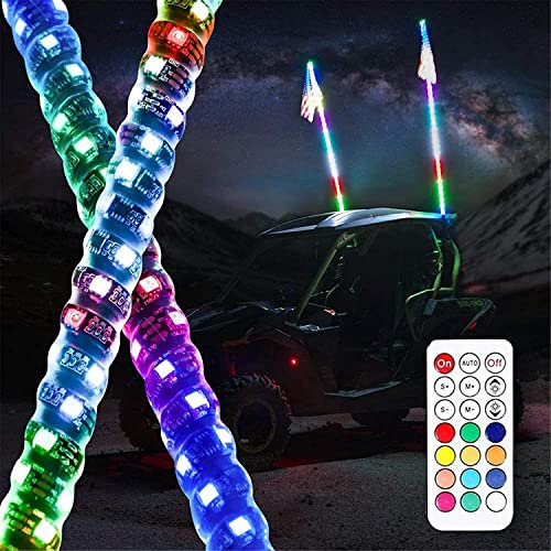 lumières de Fouet à LED de Danse 2PCS 4ft LED Fouet Lumières, 360 Spirale Danse/Poursuite des Fouets D'antenne Éclairés par LED RVB avec Télécommande RF pour VTT, UTV, Tout-Terrain, Camions