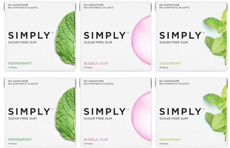 SIMPLY Gum | Dental Gum | Xylitol Chewing Gum- Sugar Free | Variety Pack- Bubblegum, Peppermint, Spearmint | Pack of Six (90 Pieces Total) | Synthetic Plastic Free + Sugar Free + Aspartame Free