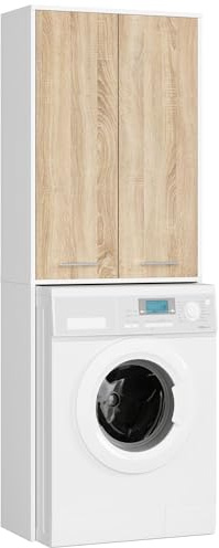 AKORD | Armadio Pensile per Lavatrice FIN 180 | Armadio di trasformazione con 2 Ante, 4 Ripiani | Archivio per bagno | Cassettiera per lavatrice | 64x180x30 cm | Bianco + Rovere Sonoma Frontale