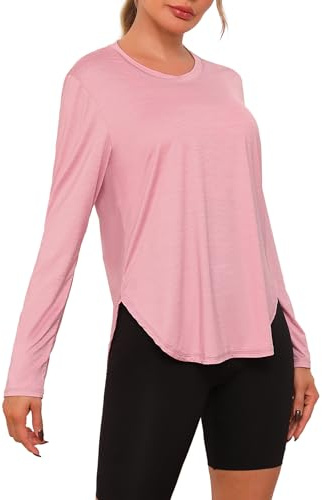 Terecey Maglietta Sportiva Donna a Manica Lunga Maglia Palestra Protezione Solare UPF 50+ Asciugatura Rapida T-Shirt Donna Fitness per Jogging Running Yoga Corsa Rosa-XXL