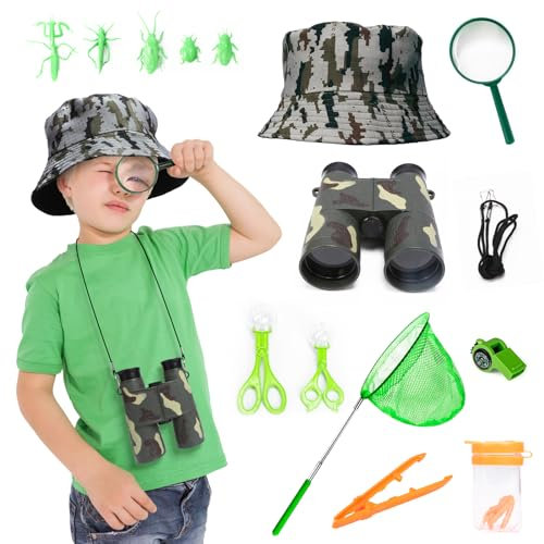 LOHAME 16 Stück Forscherset Kinder Entdecker Zubehör Fernglas Kinder Kescher Insektenfänger Lupen Entdeckerspielzeug für Camping Naturerkundungen Abenteuer Outdoor Forscher Natur Erforschen