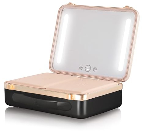 Beautifect Box Matte Black - Large Makeup Bag with LED Light Up Mirror - Quilted Metallic Vanity Case Travel Cosmetics Bag for Women - Toiletry & Make Up Organiser with Compartments & Brush Holders