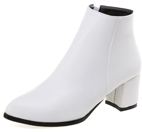 OALEEN Bottines Fourrées Femme Hiver Boots Chelsea Talon Haut Carré Bloc Sexy Bout Pointu Effet Cuir Soirée Chaussures Blanche 37