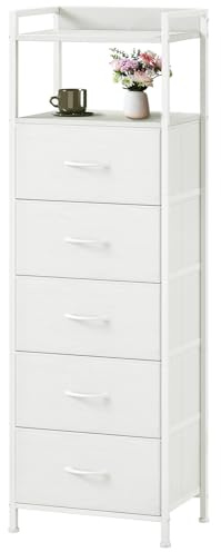 Somdot Tall Chest of Drawers for Bedroom with 5 Drawers, Storage Unit with Fabric Drawers for Closet Bedside Dorm Kids Nursery Laundry Living Room Entryway Hallway, White Leather