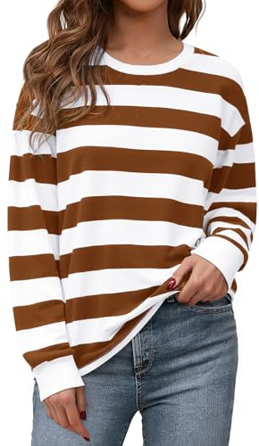 Aottori Sudadera Mujer A Rayas Algodón Camiseta Manga Larga con Cuello Redondo Tops Oversize Casual Básica Sweatshirts sin Capucha Otoño Invierno Marrón XXL