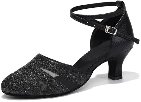 HIPPOSEUS Scarpe da Ballo Donna Latino Americano Tacco 5 cm Punta Chiuso Moderna Tango Scarpe Ballo da Sala, Nero-Suola in Pelle Scamosciata, 37.5 EU