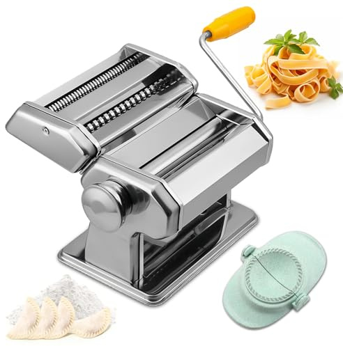 Manual Pasta Maker Machine and Gyoza Maker, Stainless Steel Noodle Machine with Pasta Roller and Cutter, Noodle Make with Adjustable Thickness Settings, for Fresh Spaghetti, Lasagna, Dumpling