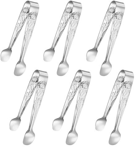 M METERXITY 6-Pack Mini Serving Tongs, 4.1 Inch 304 Stainless Steel Mini Sugar Cube Ice Tongs for Tea and Coffee Party/Outdoor Activities, Small U-shaped Metal Accessories [Silver Tone]