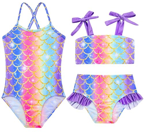 Kids4ever Girls Swimming Costume 3 Pieces Mermaid Printed Swimsuits Quick Dry Breathable Bikini Set with Adjustable Straps 6-7 Years