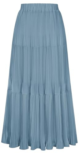 Kate Kasin Women's Pleated A-line Maxi Skirts Chiffon Layered Flowy Elastic Waist Skirt Spring Summer Casual Outfit Light Blue M