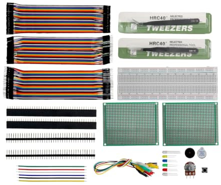329Pcs Electronics Component Fun Kit - Jumper Wire - Precision Potentiometer - LED - Pin Headers - Alligator Clips -Tweezers 830 tie-Points Breadboard Compatible with STM32 Raspberry Pi Arduino