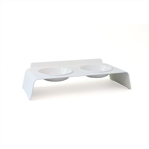 LucyBalu® Erhöhte Doppel-Futterstation Katze | Ergonomischer Katzennapf erhöht | Erhöhter Futternapf für Katzen | Ergonomischer Fressnapf & Wassernapf für Katzen | Katzen 2er Napfset erhöht | Weiß
