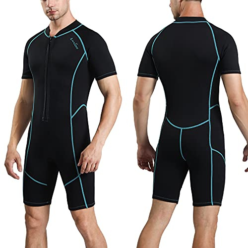 OMGear Wetsuit Men Women 2mm Neoprene Shorty UV Protection One Piece Short Sleeves Scuba Diving Suits Swimsuit for Scuba Diving Surf Snorkeling Swimming(Black&Aqua, Large)