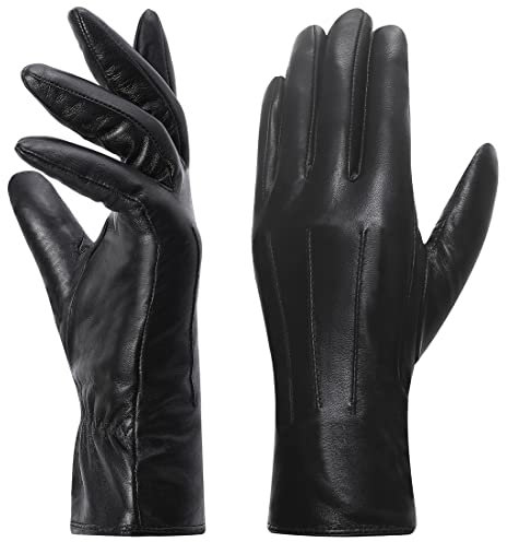 Harssidanzar Lederhandschuhe für Damen, Winter Warm Fleecefutter Touchscreen Vintage Finished GL018EU, Schwarz,größe M