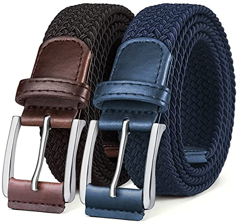 BULLIANT Cinturón Trenzado Elástico, Tejido Extensible Cinturón para Hombres y Mujeres Hebilla de Zinc, Ancho 35mm(Negro/Azul Antiguo,130cm/46-50 Cintura ajuste)