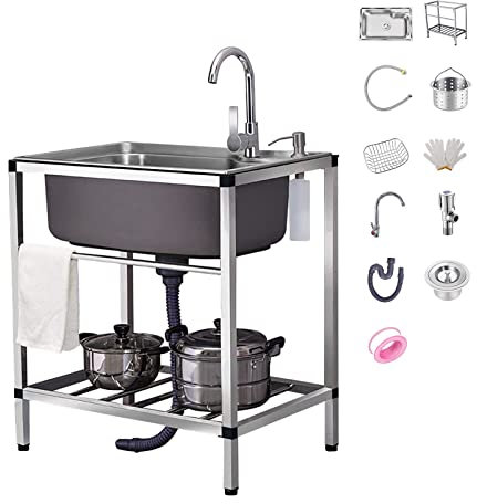 Edelstahlspüle Spülbecken, Edelstahl Spültisch Küchenspüle Gewerbe-spülbecken, Freistehendes Spüle Mit Werkbank Heiß-Kaltwasserhahn, Outdoor Waschbecken Garten Waschküche Verstellbaren Füßen