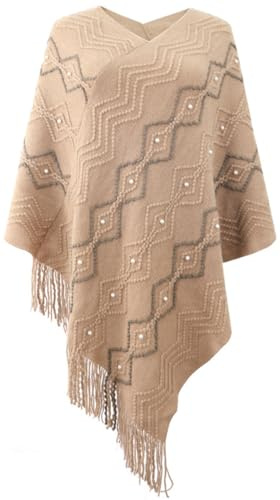 Rayson Ponchos Mujer Punto Invierno Cuello en V Capas de Punto | Punto con Flecos,Elegante,Irregular,con Perlas