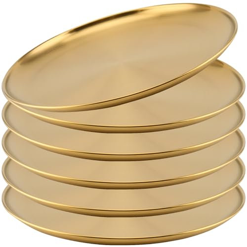 JOIKIT 6-pack 25 cm guld rostfri stålplatta, runda middagstallrikar i metall, köksartiklar middagstallrikar serveringsbricka stora campingtallrikar för grillning, mellanmål, matservering,