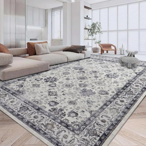 Imperial Rooms Machine Washable Rugs Living Room Large 200x290 cm – Soft Short Pile Grey Area Rugs For Bedroom Dining Room Non Slip Carpet Traditional Floral Design Vintage Boho Cashmere Rug, Serene