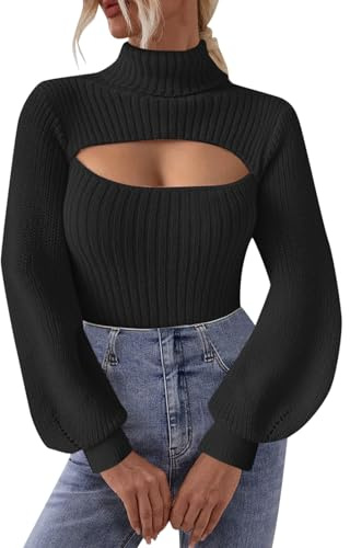 KBOPLEMQ Haut sexy Hollow Out Crochet Tricot Crop Top Smock Top Cover Up Uni Style années 90 Streetwear Gothique Punk Haut en tricot ample Grunge Y2K Fit Dos nu Manches longues évasées Pull, O Noir.,