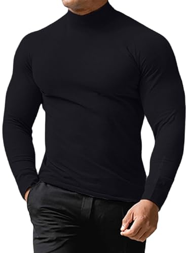 LAOARA Tee Shirt Homme Manches Longues Col Roulé Coton Tshirt T-Shirts à Manches Longues sous Pull Noir XXL
