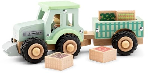 Woet® Wooden Toy Tractor with Detachable Trailer & Vegetable Crates | Farm Vehicle Toy, Play Vehicle, Wooden Tractor Toy, Farm Play Set, Push Along Toy, Farm Toys, Vehicle Playset, Age 18 Months+