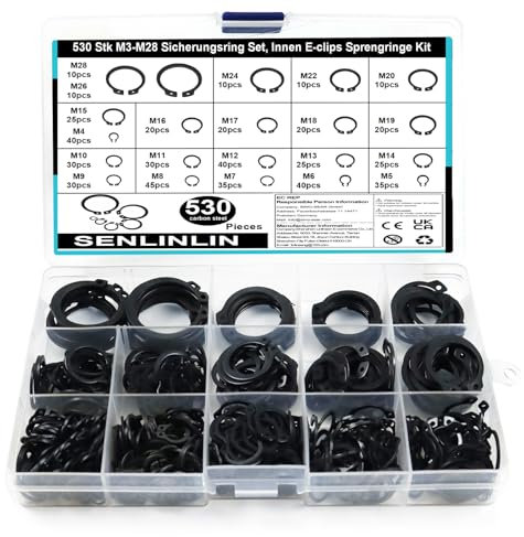 SENLINLIN Set 530 Anelli Seeger, 21 Misure da M4 a M28, E-Clips in Acciaio al Carbonio, Anelli di Sicurezza C-Clips con Scatola Organizer