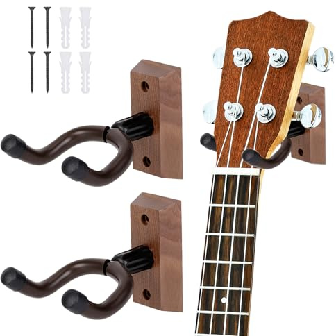 GOEDCH 2 soportes de pared para guitarra de madera dura, soporte para guitarra, soporte de pared con manguera de silicona y base de madera dura, soporte de pared para ukelele para guitarra acústica