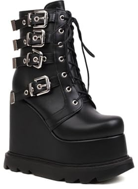 Genérico Mujer Punta Redonda Cuero PU Botas Punk Cordones Botas Góticas con Cremallera Lateral Tacón Alto De Cuña Plataforma Botines con Hebilla,Negro,37 EU