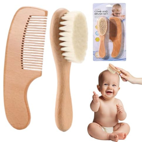 CEJAS Set med 2 babyhårborstar och träkammare, med trähandtag och supermjuka borst, ren naturlig mjölkskorpa, babyborste, hårborste, första utrustning nyfödda