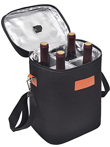 Kato Tirrinia Insulated Wine Cooler Bag - 4 Bottle Travel Padded Wine Carrier Tote Bag for Picnic Beach and Camping, Wine Lover Gift, Black