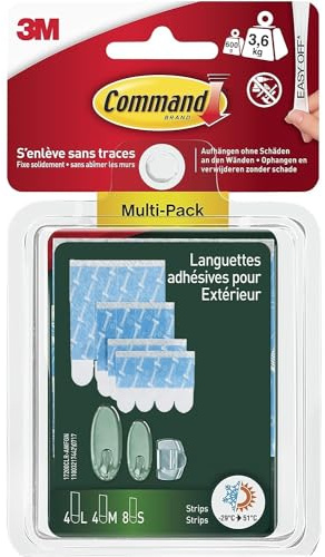 Command Strisce adesive e di ricarica assortite per esterni, confezione multipla – 4 strisce grandi (L), 4 medie (M) e 8 piccole (S) – per decorazioni e luci – adesivo da parete – da appendere senza