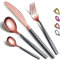 Kyraton Cutlery Set 16 Pieces with Moon Surface Black Handle and Shiny Rose Gold Mouth Titanium Coating Stainless Steel Modern Cutlery Set Utensils Set Service for 4