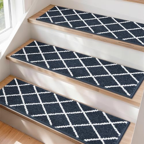 COSY HOMEER Edging Stair Treads Non-Slip Carpet Mat 28inX9in Indoor Stair Runners for Wooden Steps, Stair Rugs for Kids and Dogs, 100% Polyester TPE Backing 15pcs,Navy