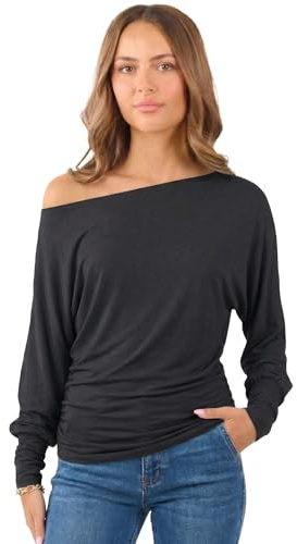Crazy Girls Womens Long Sleeve One Off-Shoulder Plain Baggy Batwing Top UK8-24 (16-18, Black Plain)