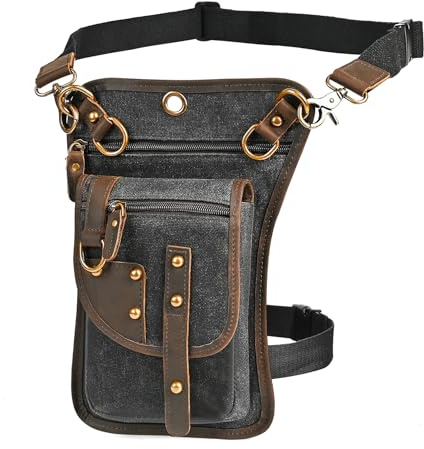 Handadsume Tela Resistente All'acqua + Vera Pelle Moto Equitazione Travel Coscia Borsa per Gambe Marsupio in Vita Per Gli Uomini Donne FB2141 (2141-Nero)