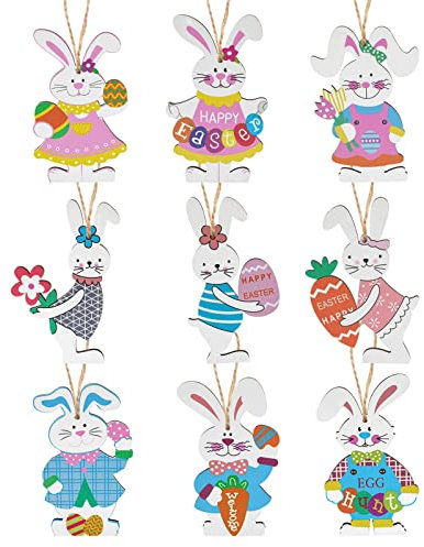 HOWAF 9 PCS Decorazioni Pasquali in Legno, Coniglio Pasquale in Legno Coniglietti Pasquali Decorazioni Coniglietti Pasquali di Coniglio Corde Sospese per Albero Pasquale Albero di Pasqua Decorazioni