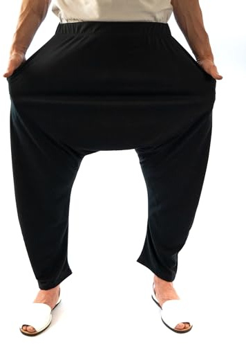 SAVARI | Pantalones Harem Elásticos | Estilo Tailandes | Pantalón con Bolsillos y Sin Puños | Cintura Elástica | Algodón Reciclado | Largo y Cómodo | Unisex | Negro | Talla L | Tallas Grandes